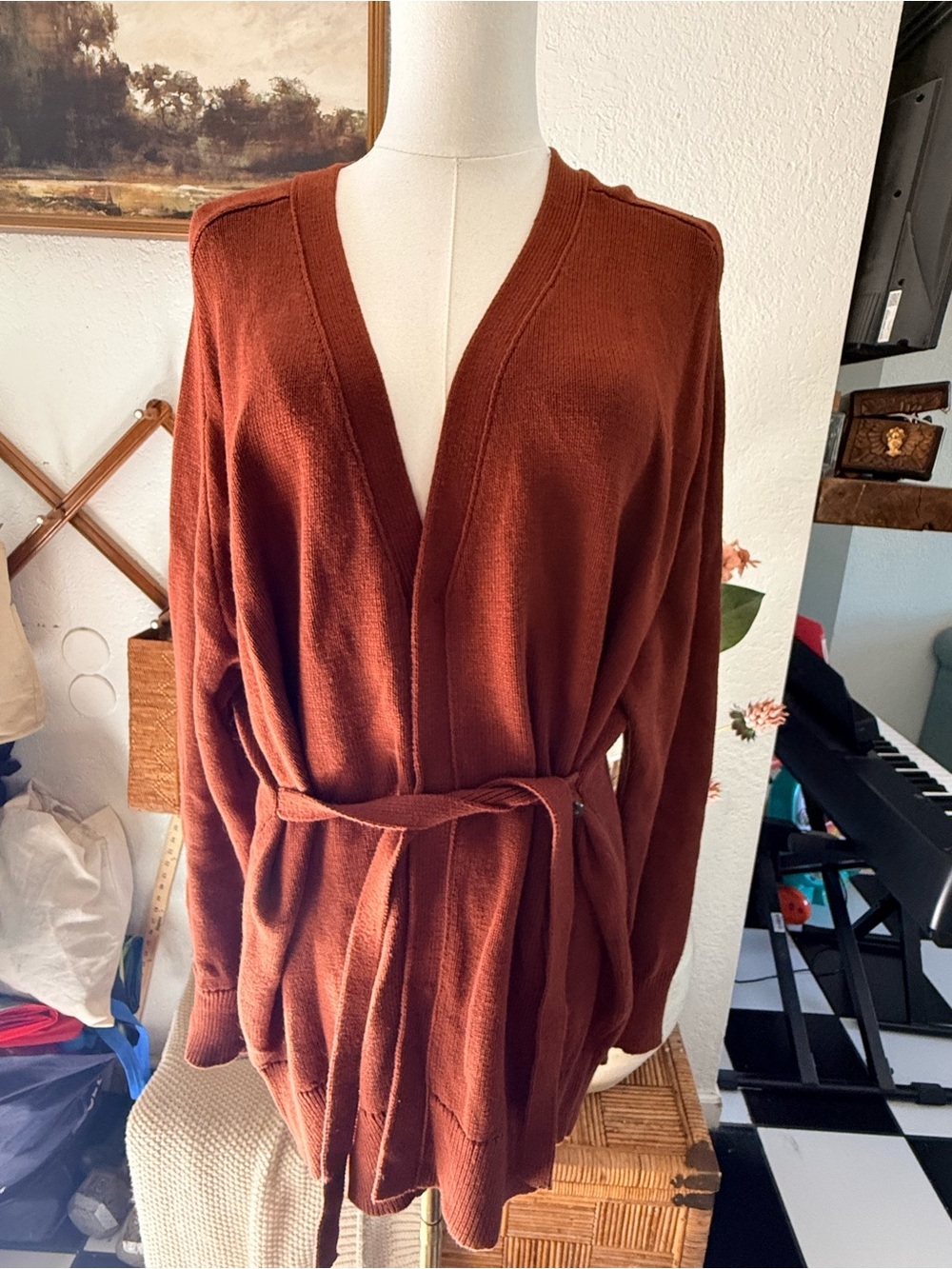 Women's Belted Cardigan Sweater in Rust Brown